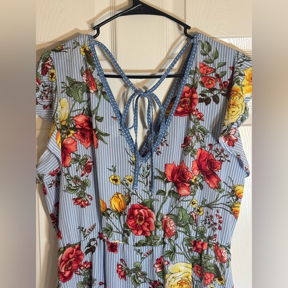 Wrapper mini blue white stripped‎ floral v neck dress - Picture 5 of 10